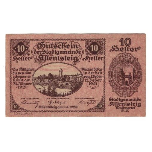 Billete, Austria, Allentsteig N.Ö. Stadtgemeinde, 10 Heller, Texte, 1921
