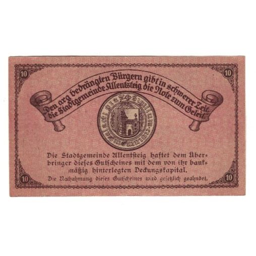 Billete, Austria, Allentsteig N.Ö. Stadtgemeinde, 10 Heller, Texte, 1921