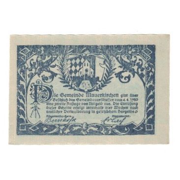 Billete, Austria, Mauerkirchen O.Ö. Gemeinde, 20 Heller, Texte, 1920