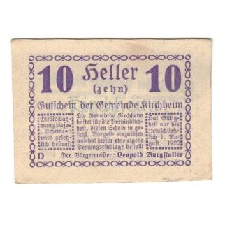 Billete, Austria, Kirchheim O.Ö. Gemeinde, 10 Heller, texte 1, 1920