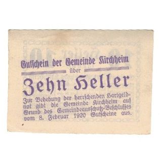Billete, Austria, Kirchheim O.Ö. Gemeinde, 10 Heller, texte 1, 1920