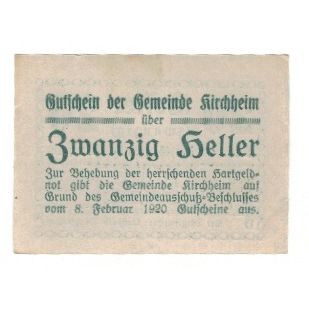 Billete, Austria, Kirchheim O.Ö. Gemeinde, 20 Heller, Texte, 1920, 1920-08-01