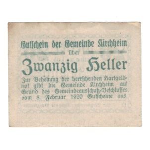 Billete, Austria, Kirchheim O.Ö. Gemeinde, 20 Heller, texte 1, 1920