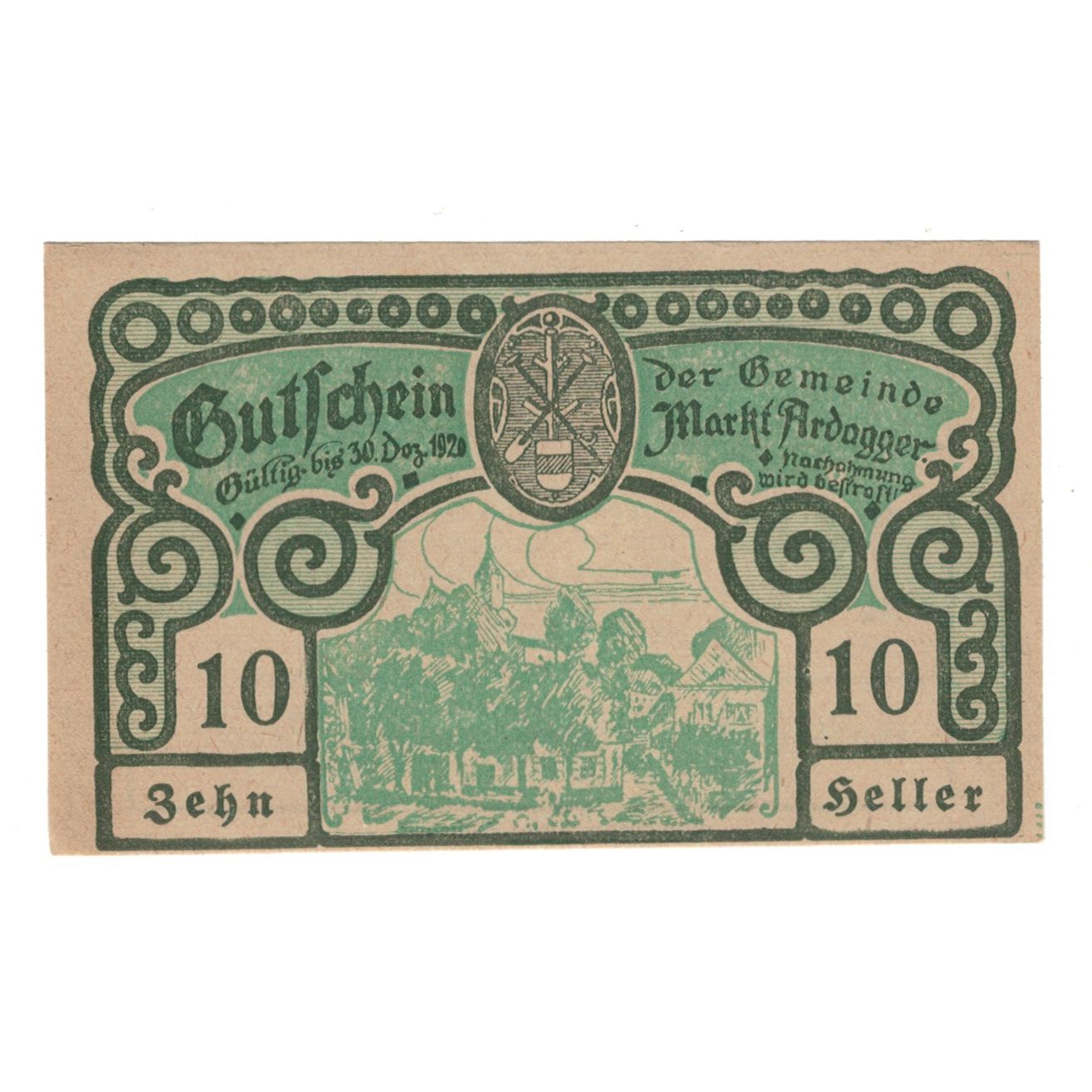 Billete, Austria, Ardagger Markt N.Ö. Gemeinde, 10 Heller, Texte 2, 1920