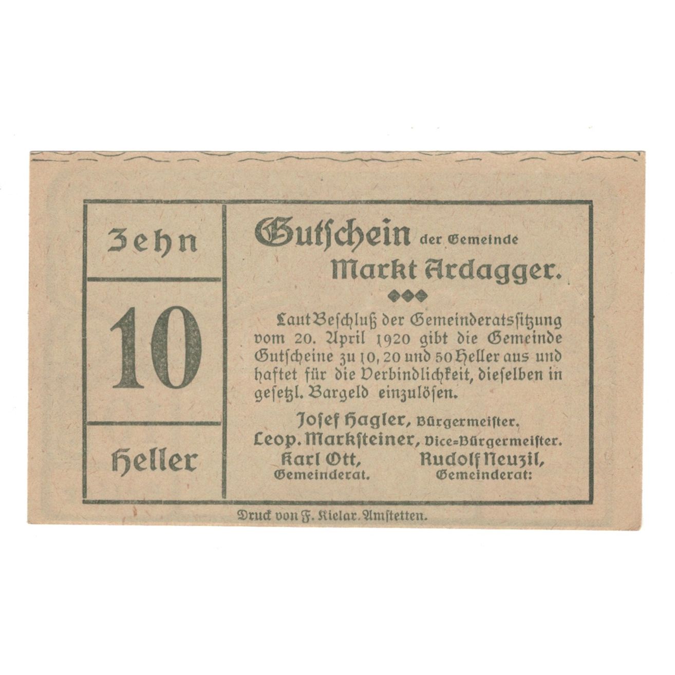 Billete, Austria, Ardagger Markt N.Ö. Gemeinde, 10 Heller, Texte 2, 1920