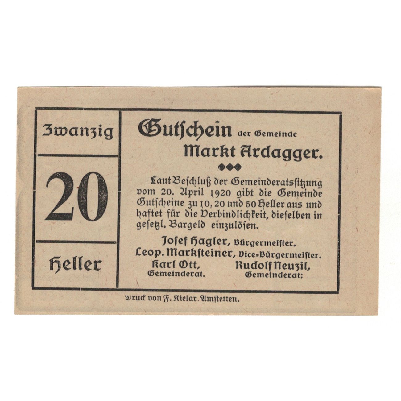 Billete, Austria, Ardagger Markt N.Ö. Gemeinde, 20 Heller, texte 1, 1920