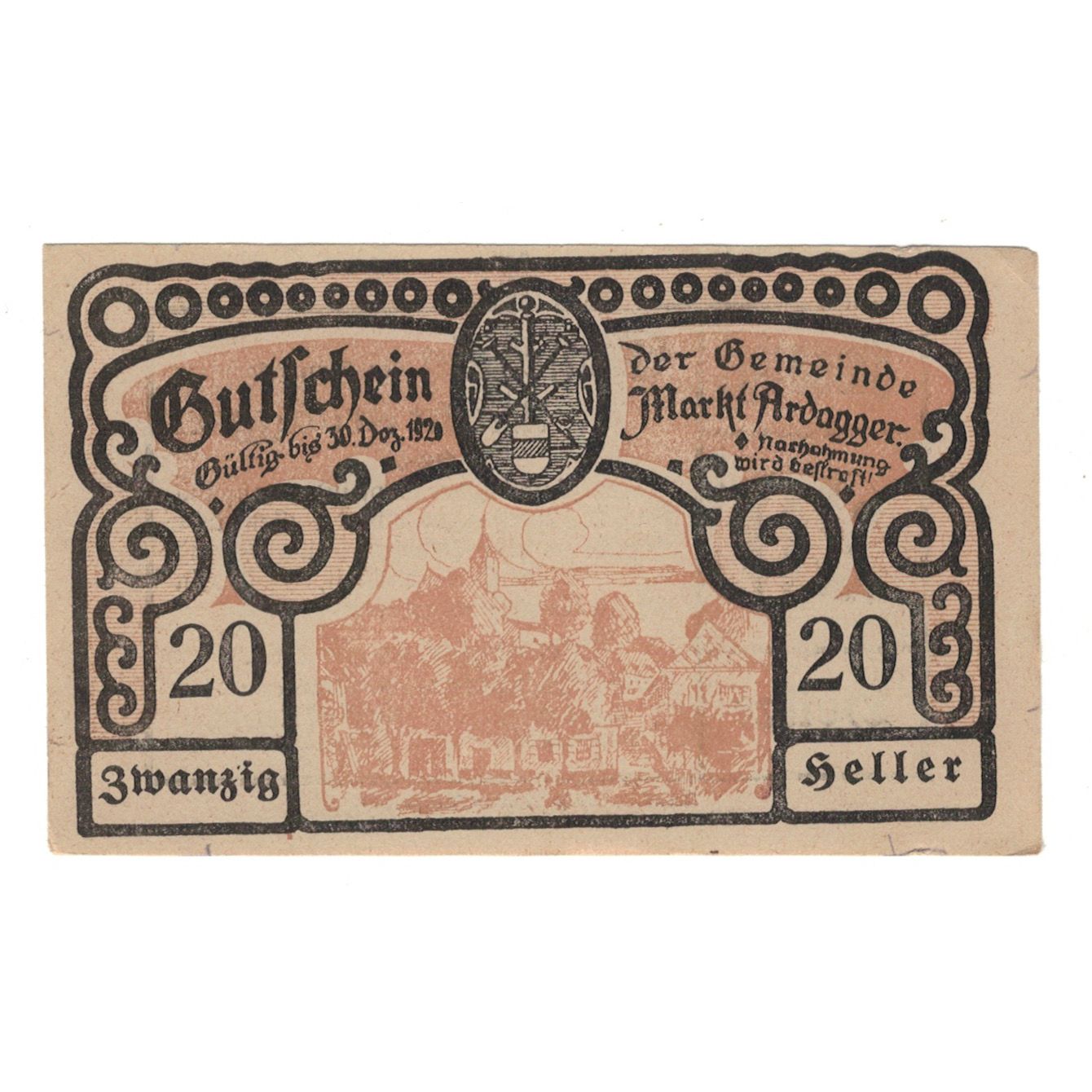 Billete, Austria, Ardagger Markt N.Ö. Gemeinde, 20 Heller, Texte 2, 1920