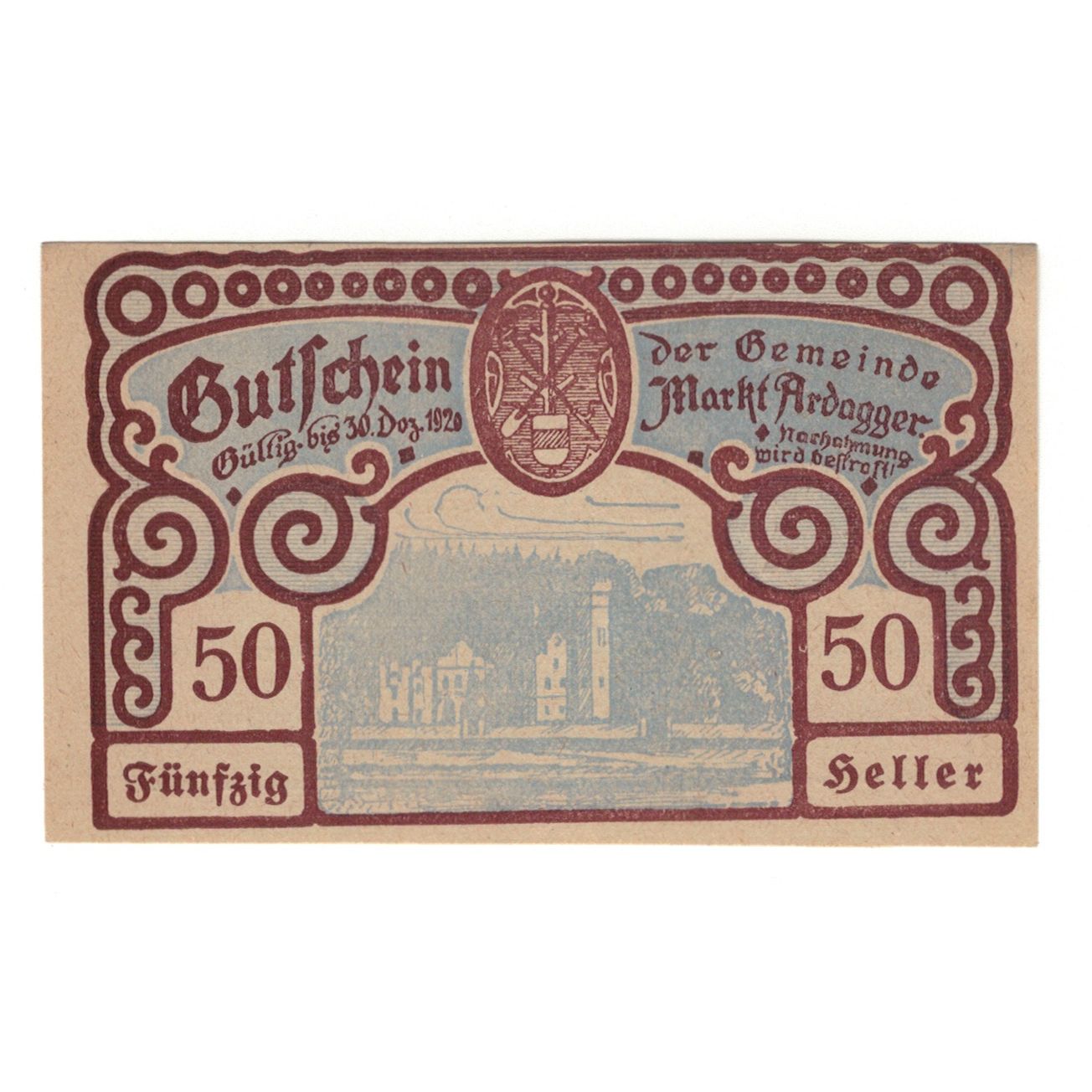 Billete, Austria, Ardagger Markt N.Ö. Gemeinde, 50 Heller, Texte, 1920