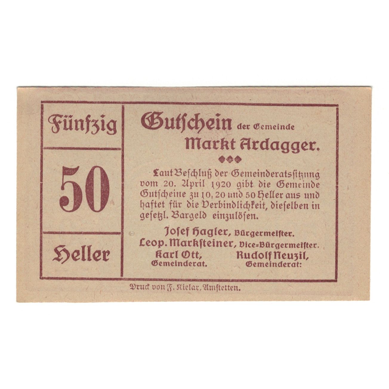 Billete, Austria, Ardagger Markt N.Ö. Gemeinde, 50 Heller, Texte, 1920