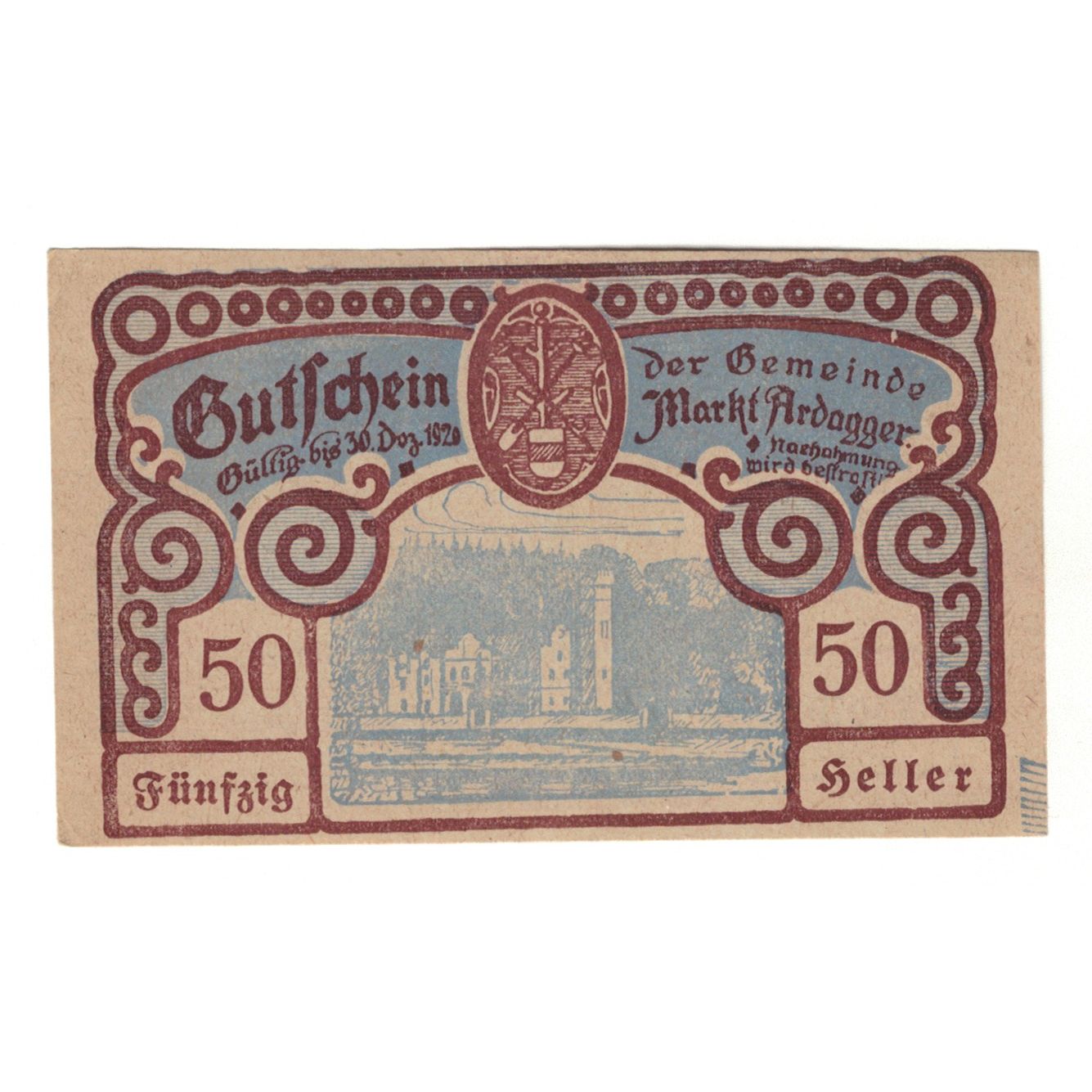 Billete, Austria, Ardagger Markt N.Ö. Gemeinde, 50 Heller, texte 1, 1920