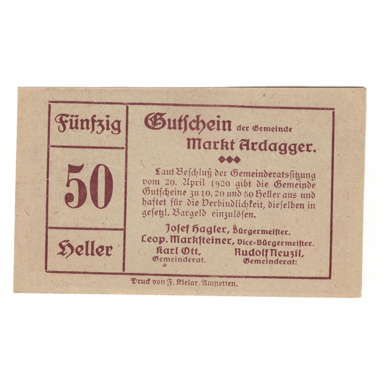Billete, Austria, Ardagger Markt N.Ö. Gemeinde, 50 Heller, texte 1, 1920
