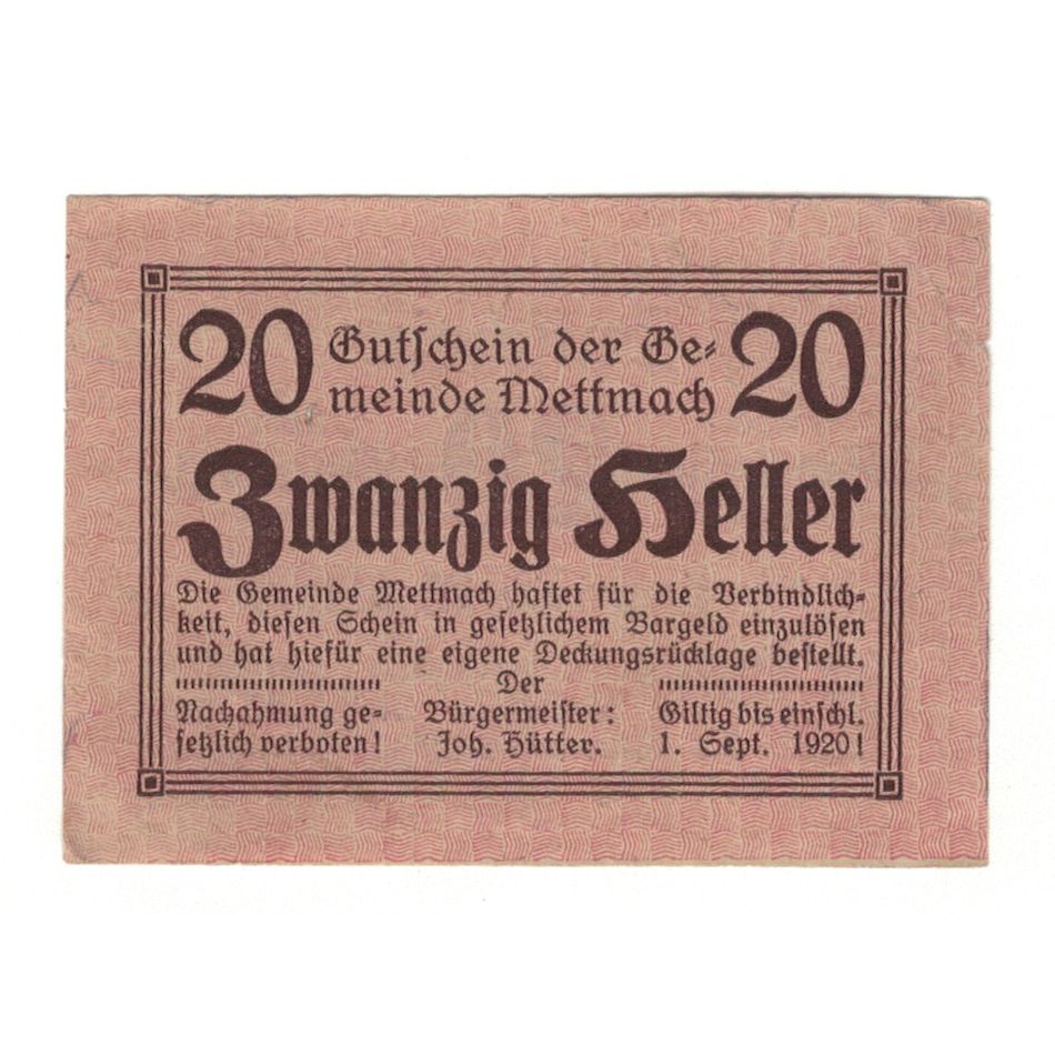 Billete, Austria, Mettmach O.Ö. Gemeinde, 20 Heller, valeur faciale, 1920