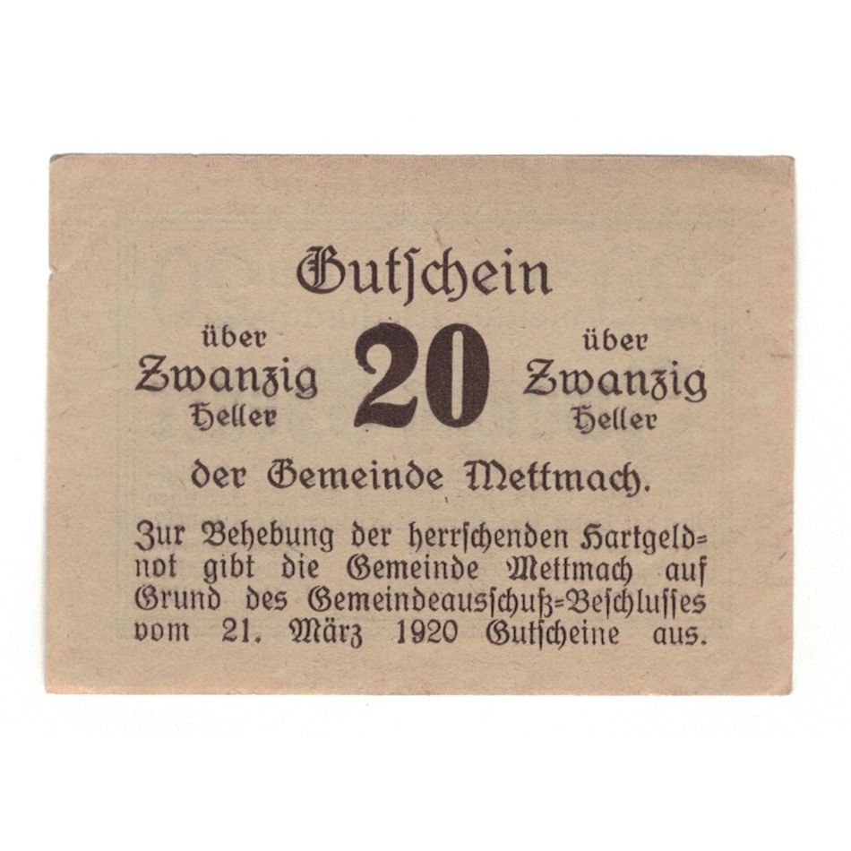 Billete, Austria, Mettmach O.Ö. Gemeinde, 20 Heller, valeur faciale, 1920