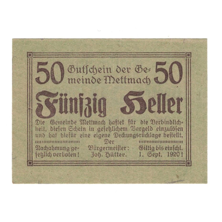 Billete, Austria, Mettmach O.Ö. Gemeinde, 50 Heller, valeur faciale, 1920