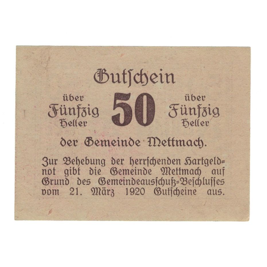 Billete, Austria, Mettmach O.Ö. Gemeinde, 50 Heller, valeur faciale, 1920