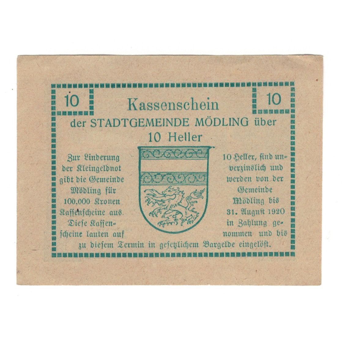 Billete, Austria, Mödling N.Ö. Stadtgemeinde, 10 Heller, Blason, 1920
