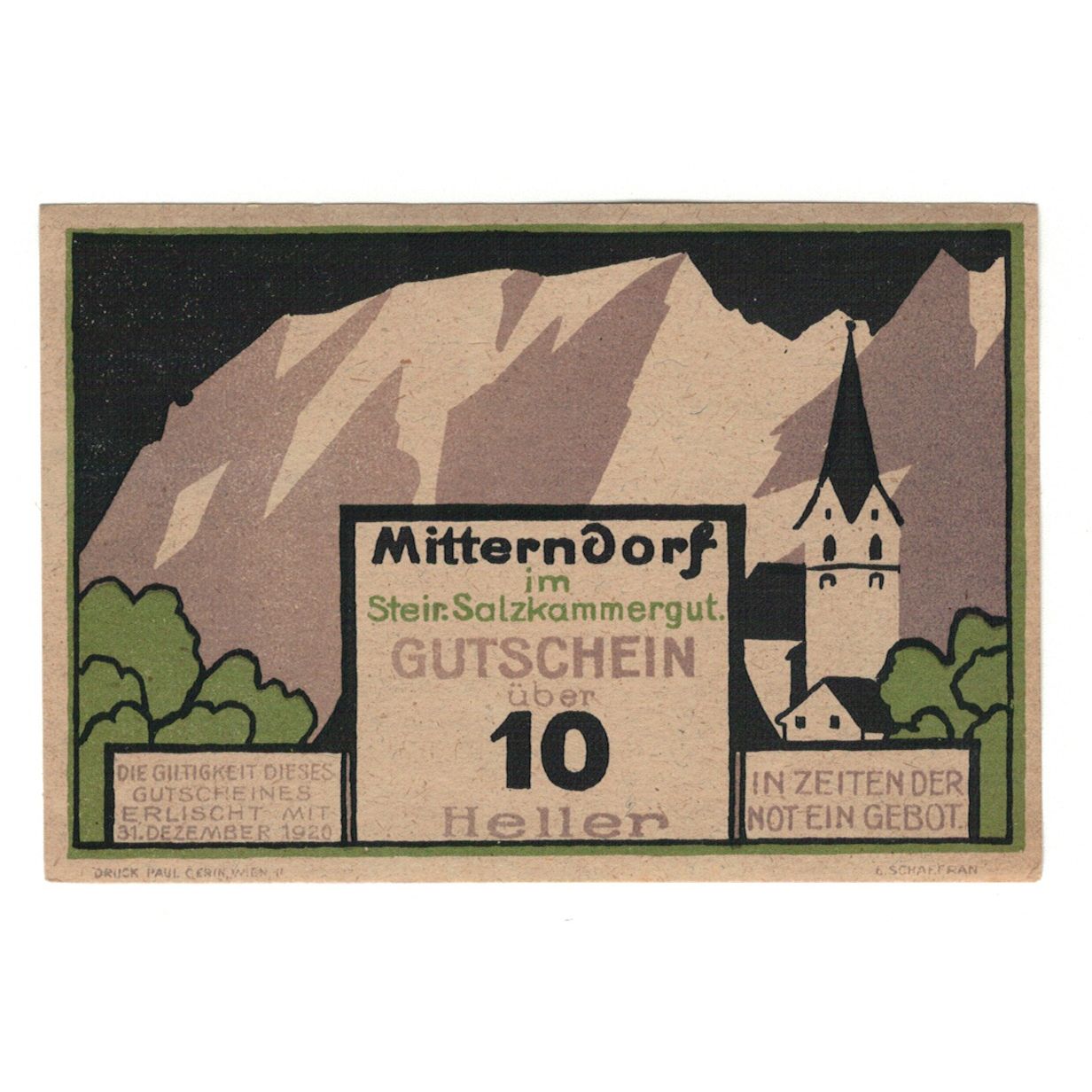 Billete, Austria, Mitterndorf Stm. Gemeinde, 10 Heller, Texte, 1920, 1920-12-31