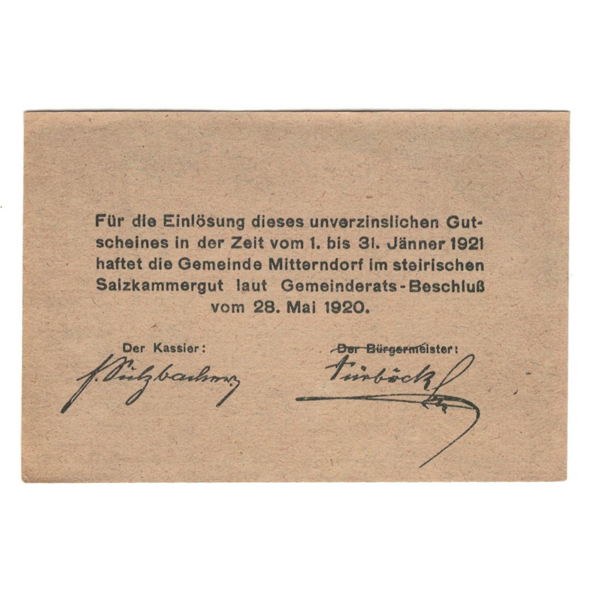 Billete, Austria, Mitterndorf Stm. Gemeinde, 10 Heller, Texte, 1920, 1920-12-31