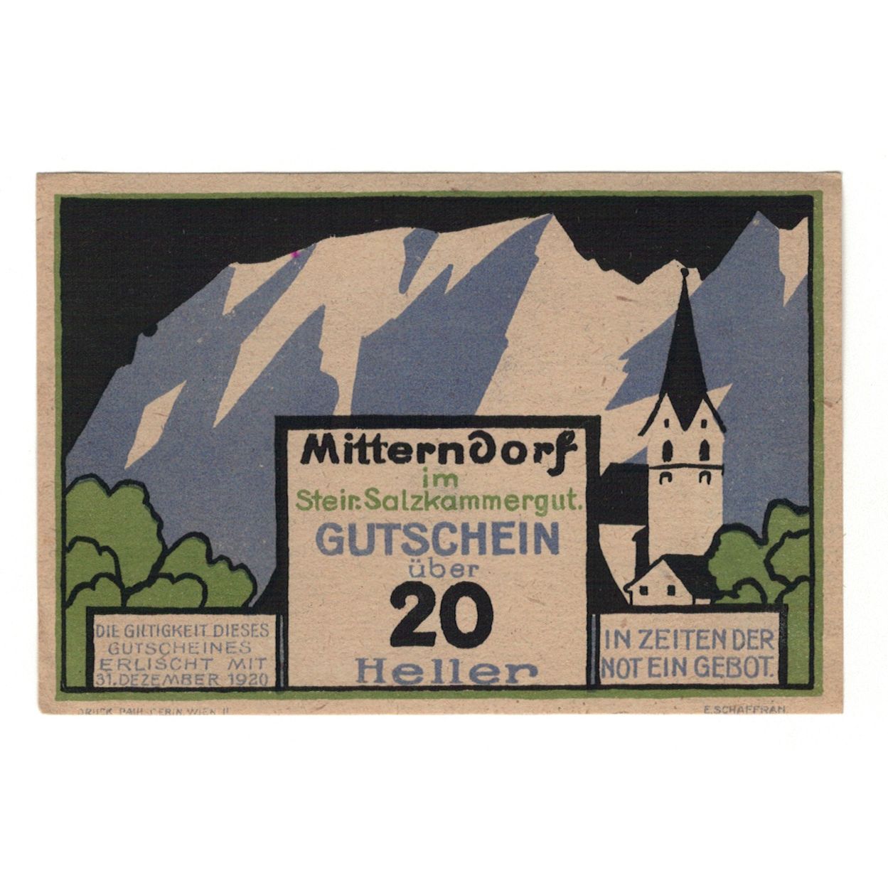 Billete, Austria, Mitterndorf Stm. Gemeinde, 20 Heller, Texte, 1920, 1920-12-31