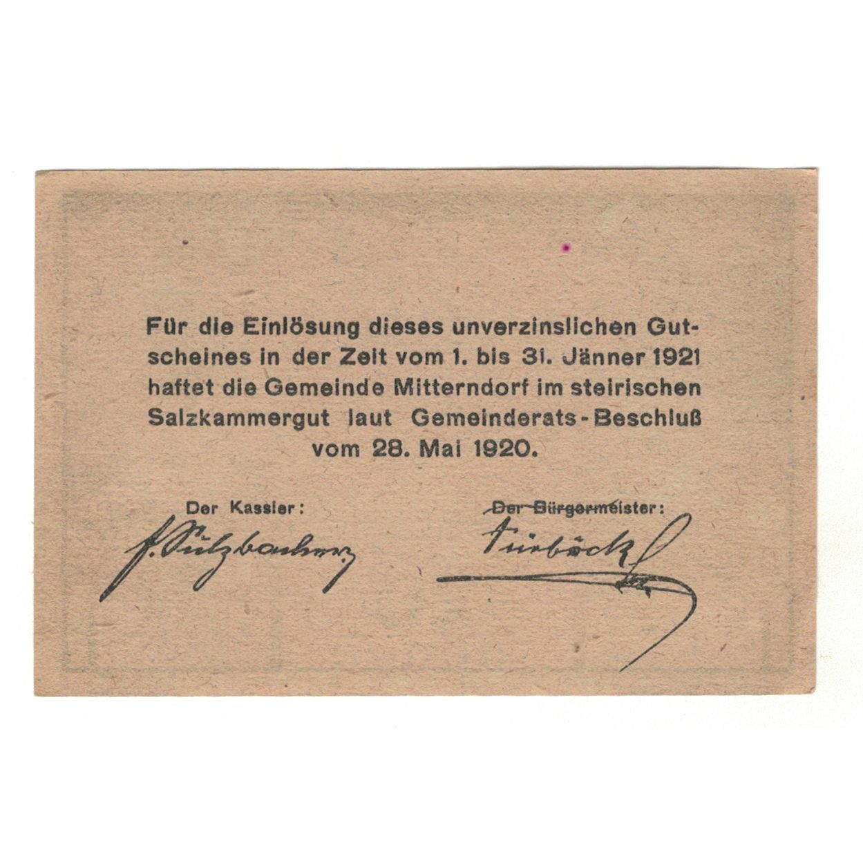 Billete, Austria, Mitterndorf Stm. Gemeinde, 20 Heller, Texte, 1920, 1920-12-31