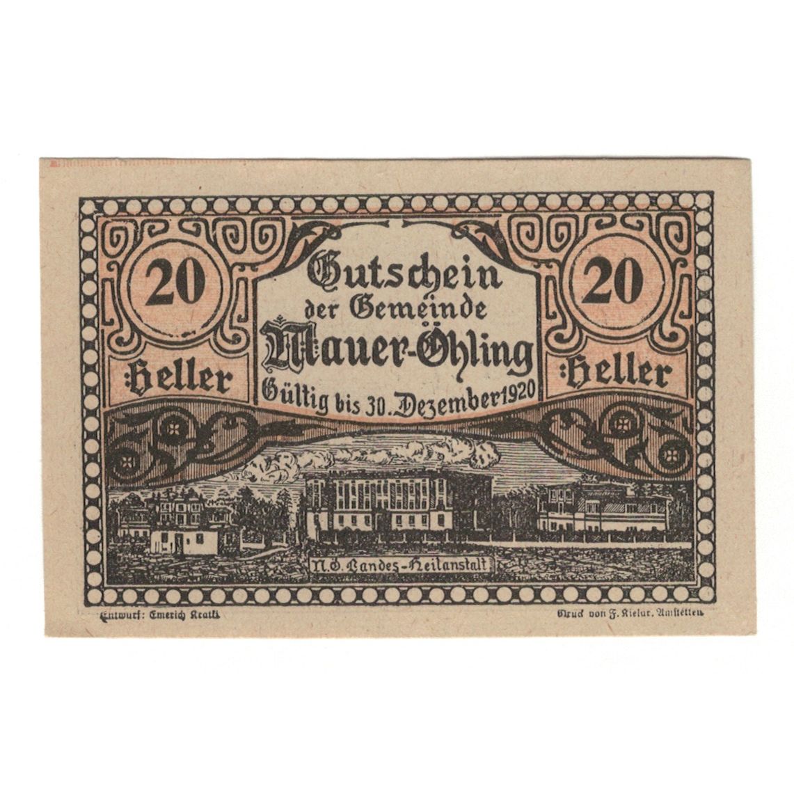 Billete, Austria, Mauer - Öhling N.Ö. Gemeinde, 20 Heller, Texte, 1920