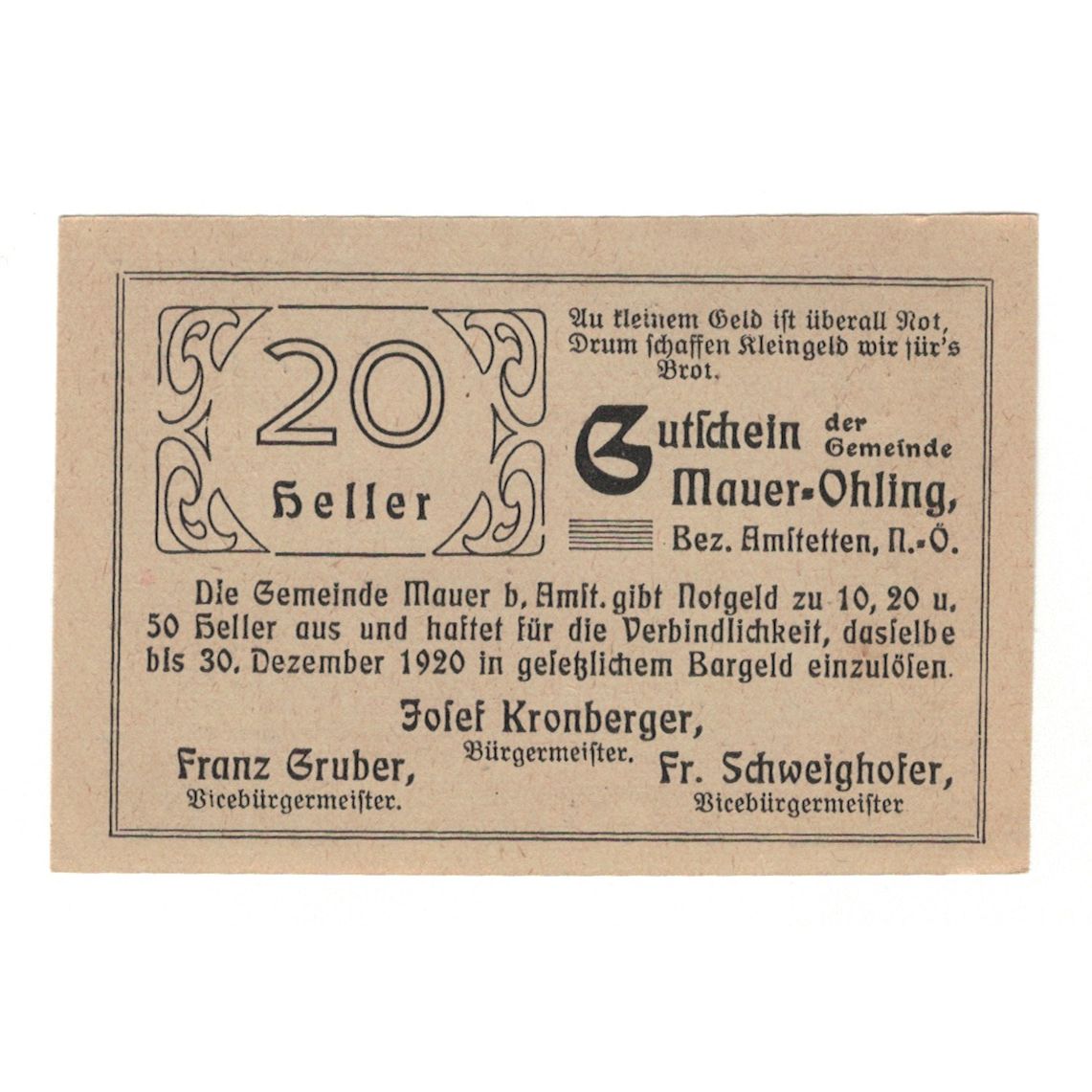 Billete, Austria, Mauer - Öhling N.Ö. Gemeinde, 20 Heller, Texte, 1920