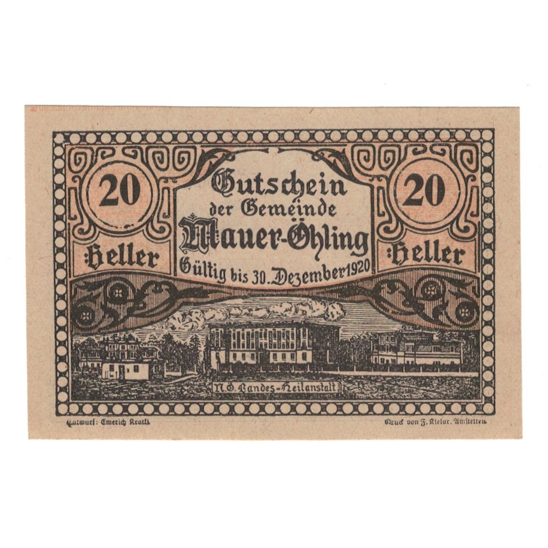 Billete, Austria, Mauer - Öhling N.Ö. Gemeinde, 20 Heller, texte 1, 1920