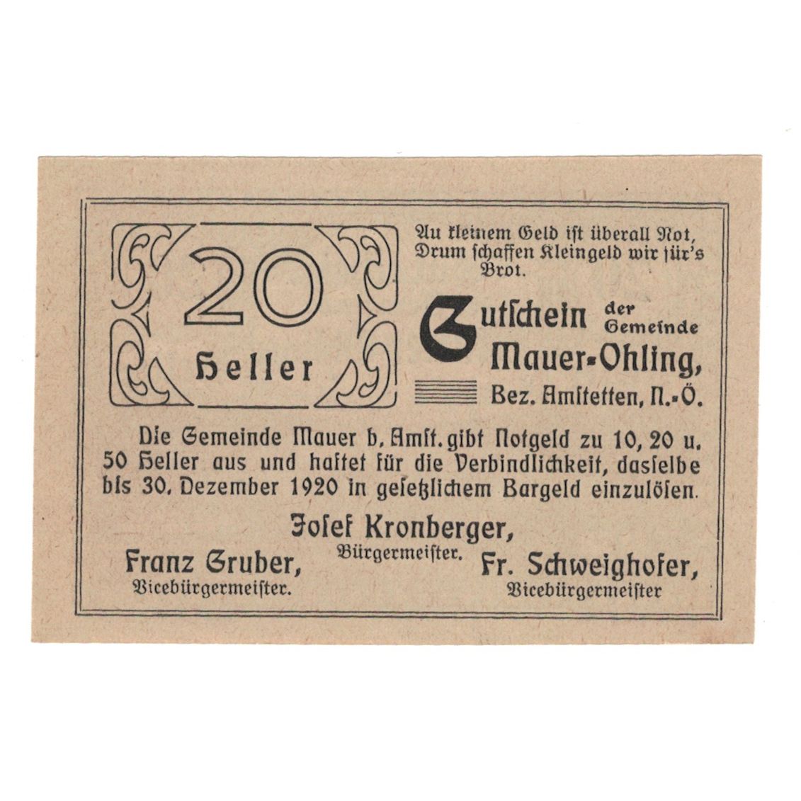 Billete, Austria, Mauer - Öhling N.Ö. Gemeinde, 20 Heller, texte 1, 1920