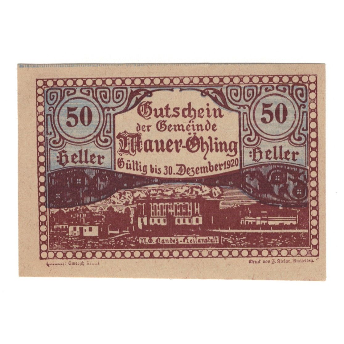 Billete, Austria, Mauer - Öhling N.Ö. Gemeinde, 50 Heller, Texte, 1920