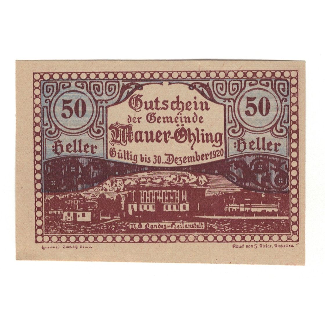 Billete, Austria, Mauer - Öhling N.Ö. Gemeinde, 50 Heller, texte 1, 1920