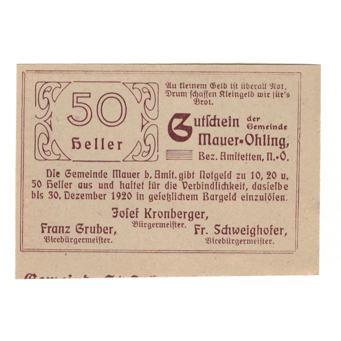 Billete, Austria, Mauer - Öhling N.Ö. Gemeinde, 50 Heller, texte 1, 1920