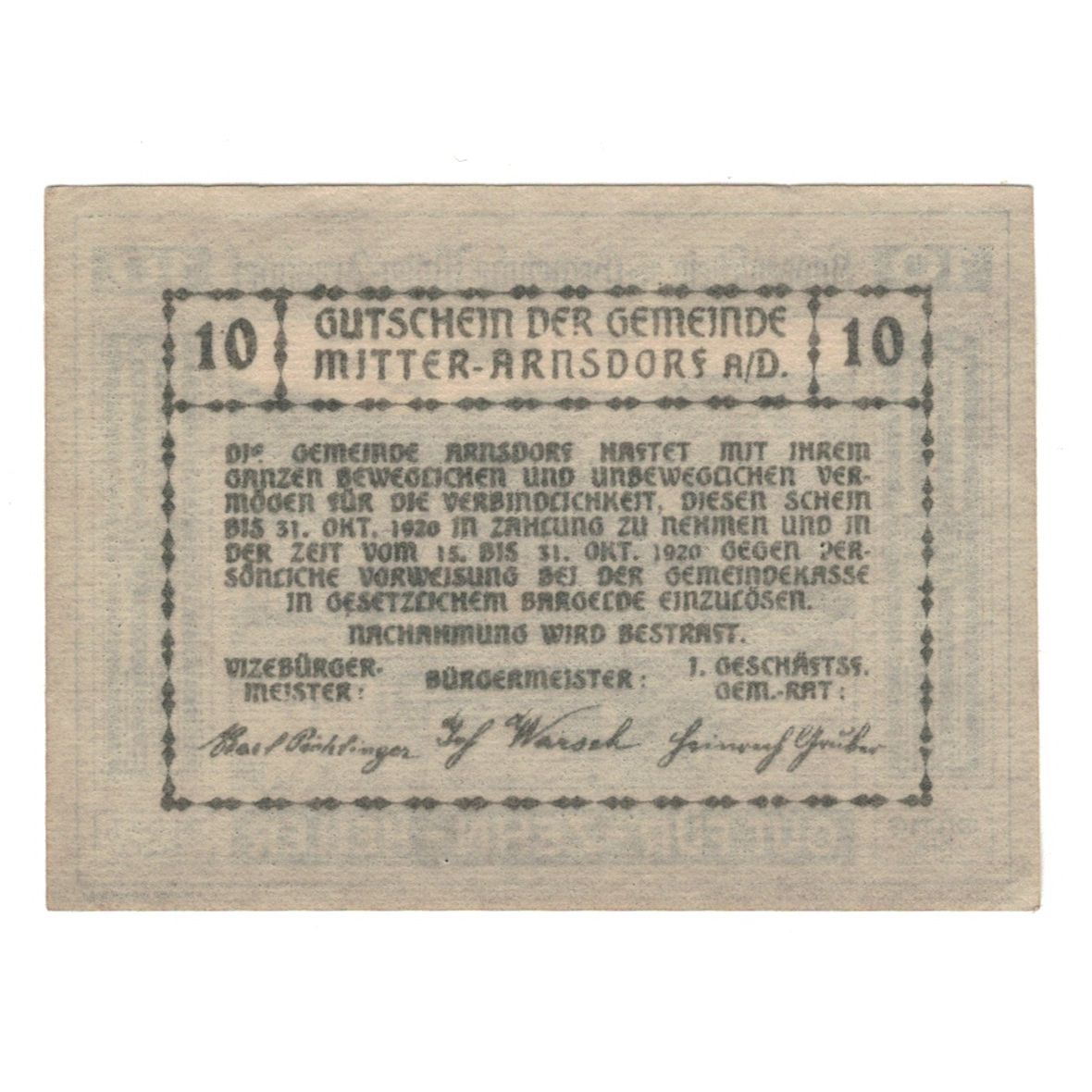 Billete, Austria, Mitter - Arnsdorf N.Ö. Gemeinde, 10 Heller, Texte, 1920