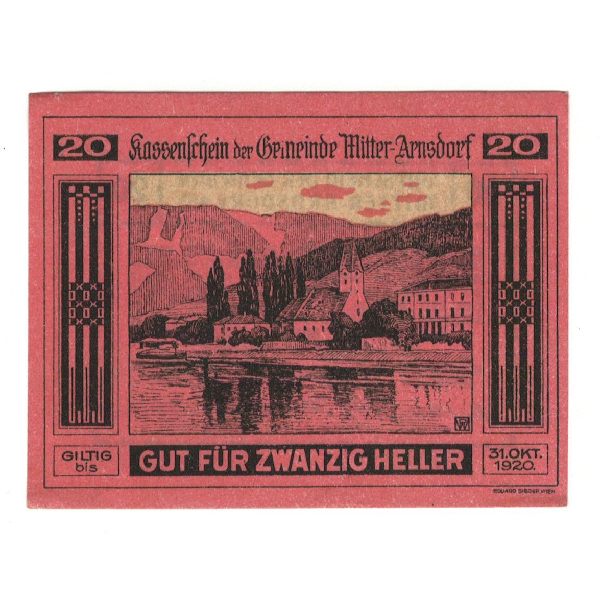 Billete, Austria, Mitter - Arnsdorf N.Ö. Gemeinde, 20 Heller, Texte, 1920