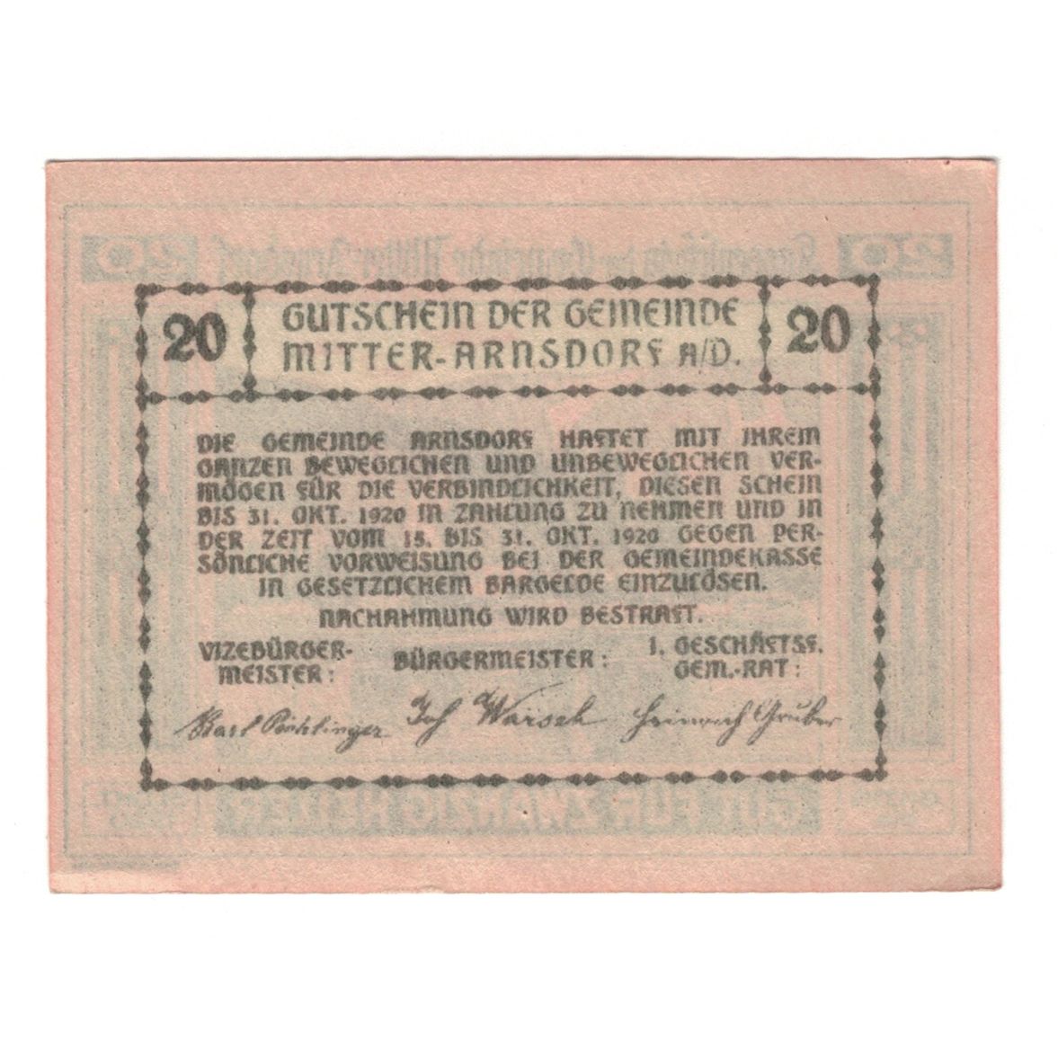 Billete, Austria, Mitter - Arnsdorf N.Ö. Gemeinde, 20 Heller, Texte, 1920
