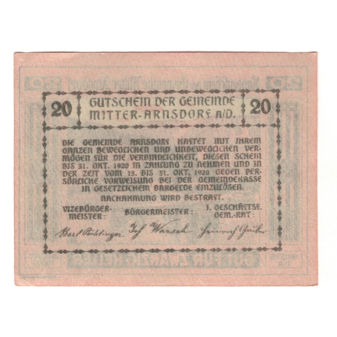 Billete, Austria, Mitter - Arnsdorf N.Ö. Gemeinde, 20 Heller, texte 1, 1920