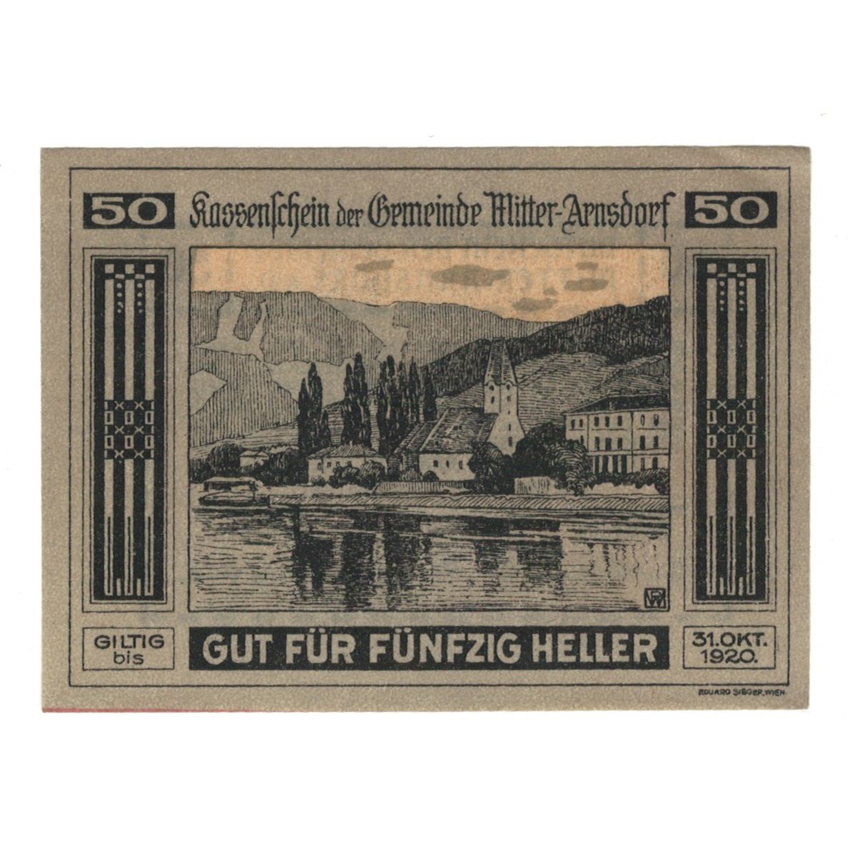 Billete, Austria, Mitter - Arnsdorf N.Ö. Gemeinde, 50 Heller, Texte, 1920