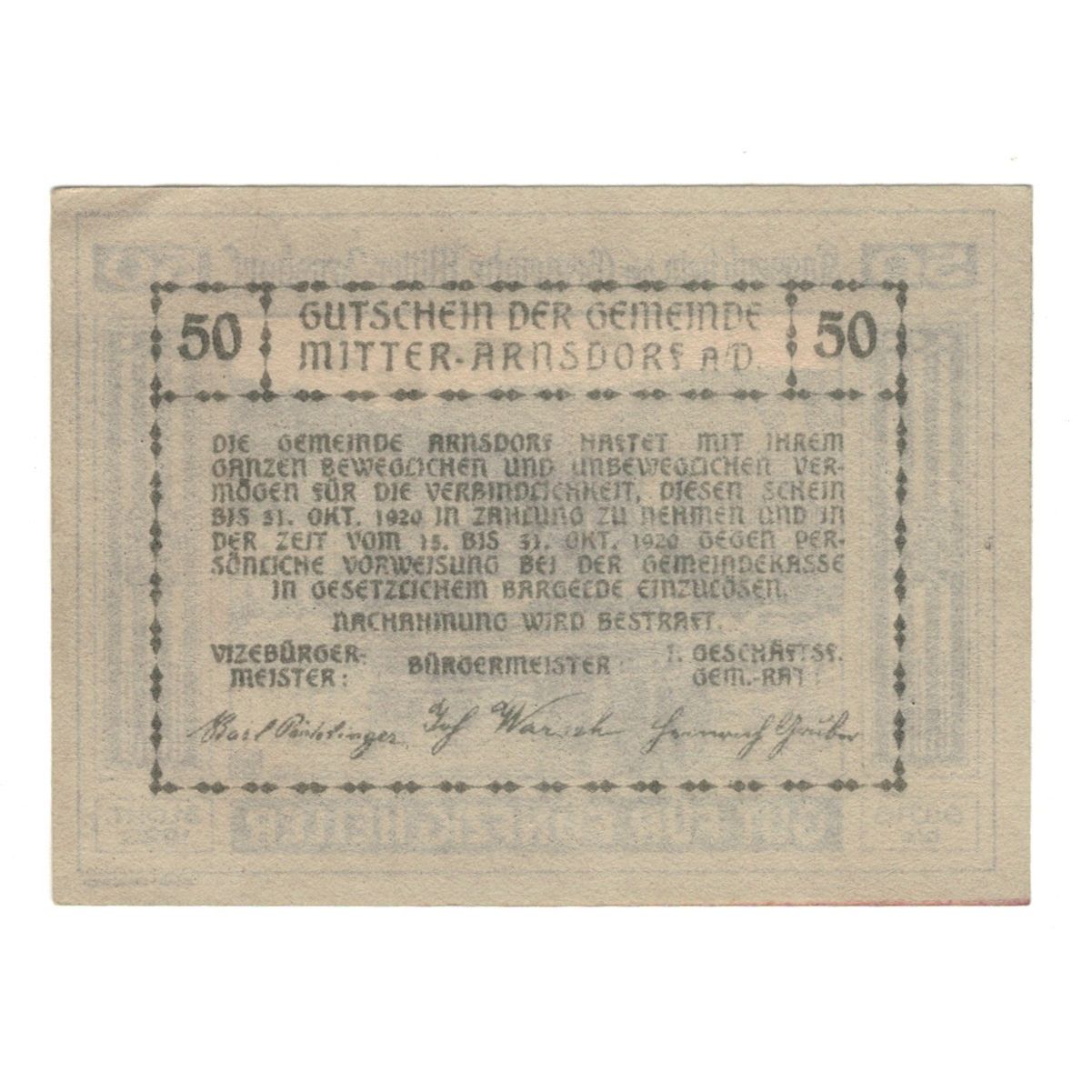 Billete, Austria, Mitter - Arnsdorf N.Ö. Gemeinde, 50 Heller, Texte, 1920