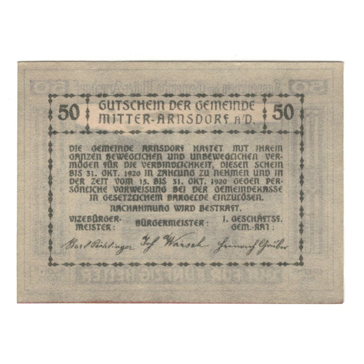 Billete, Austria, Mitter - Arnsdorf N.Ö. Gemeinde, 50 Heller, texte 1, 1920
