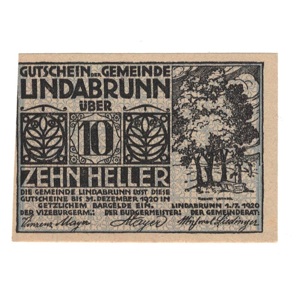 Billete, Austria, Lindabrunn N.Ö. Gemeinde, 10 Heller, Texte, 1920, 1920-12-31