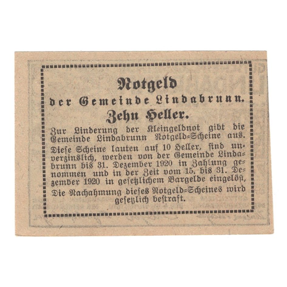 Billete, Austria, Lindabrunn N.Ö. Gemeinde, 10 Heller, Texte, 1920, 1920-12-31