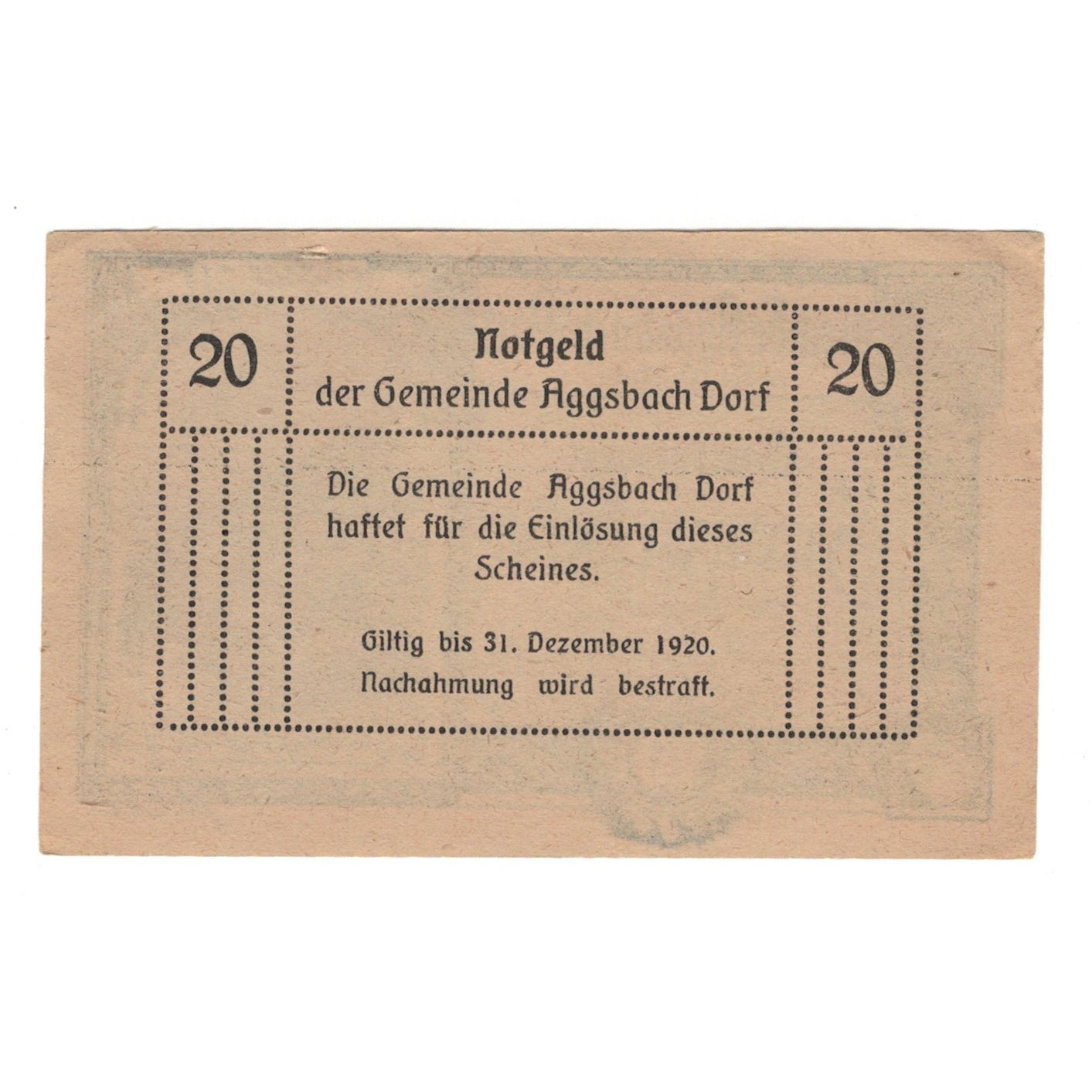 Billete, Austria, Aggsbach Dorf N.Ö. Gemeinde, 20 Heller, Texte, 1920