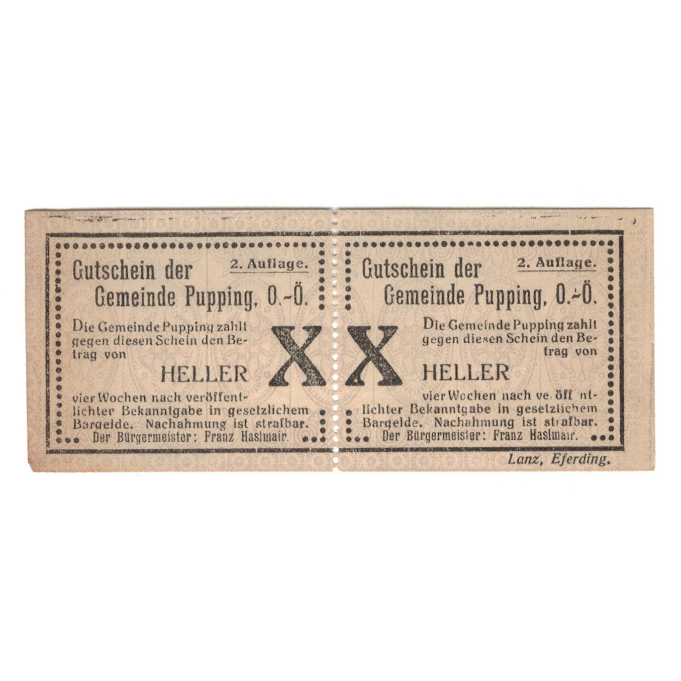 Billete, Austria, Pupping O.Ö. Gemeinde, 20 Heller, N.D, MBC+, Mehl:FS 792I