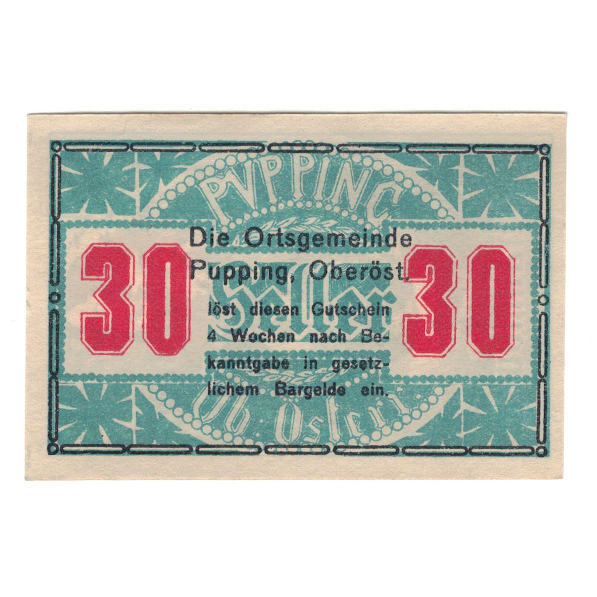 Billete, Austria, Pupping O.Ö. Gemeinde, 30 Heller, Batiment, EBC, Mehl:FS