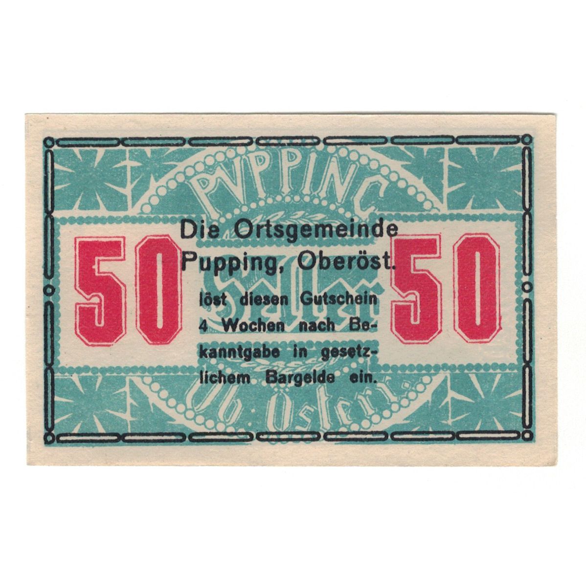 Billete, Austria, Pupping O.Ö. Gemeinde, 50 Heller, Ruines, EBC, Mehl:FS 792II