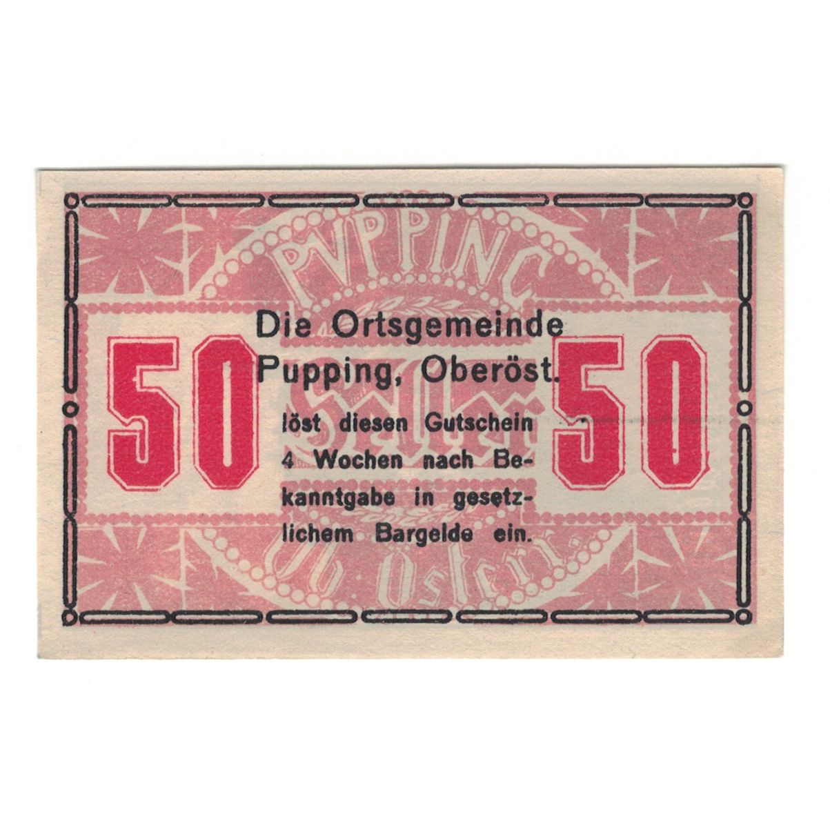 Billete, Austria, Pupping O.Ö. Gemeinde, 50 Heller, Ruines 1, EBC, Mehl:FS