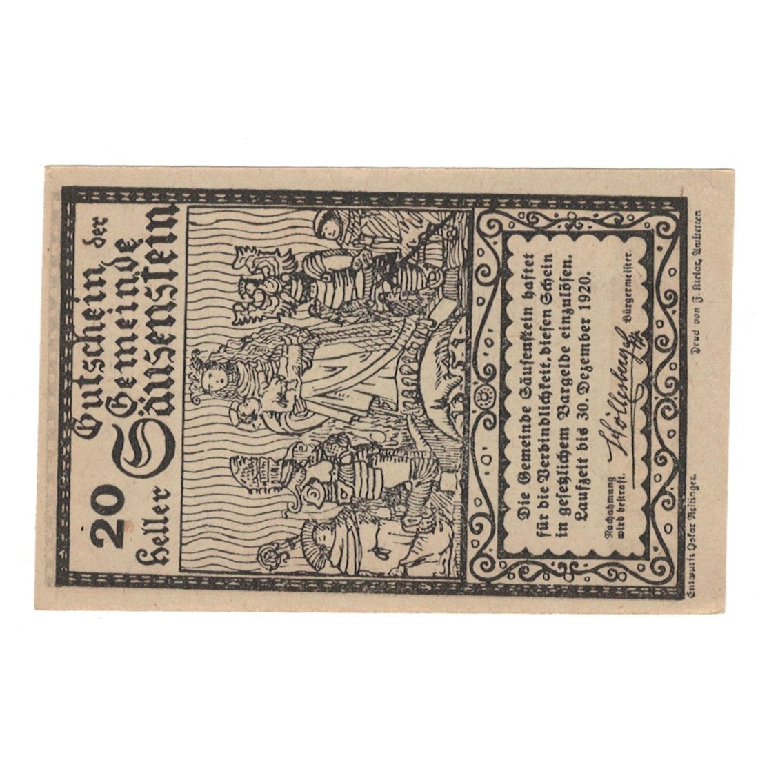 Billete, Austria, Säusenstein N.Ö. Gemeinde, 20 Heller, personnage 1, 1920