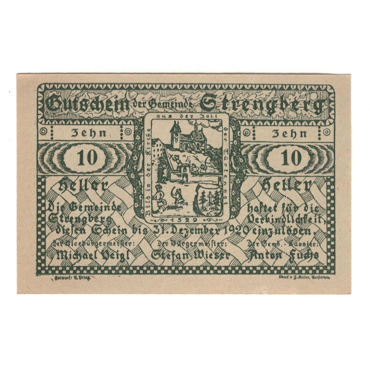 Billete, Austria, Strengberg N.Ö. Gemeinde, 10 Heller, texte 1, 1920
