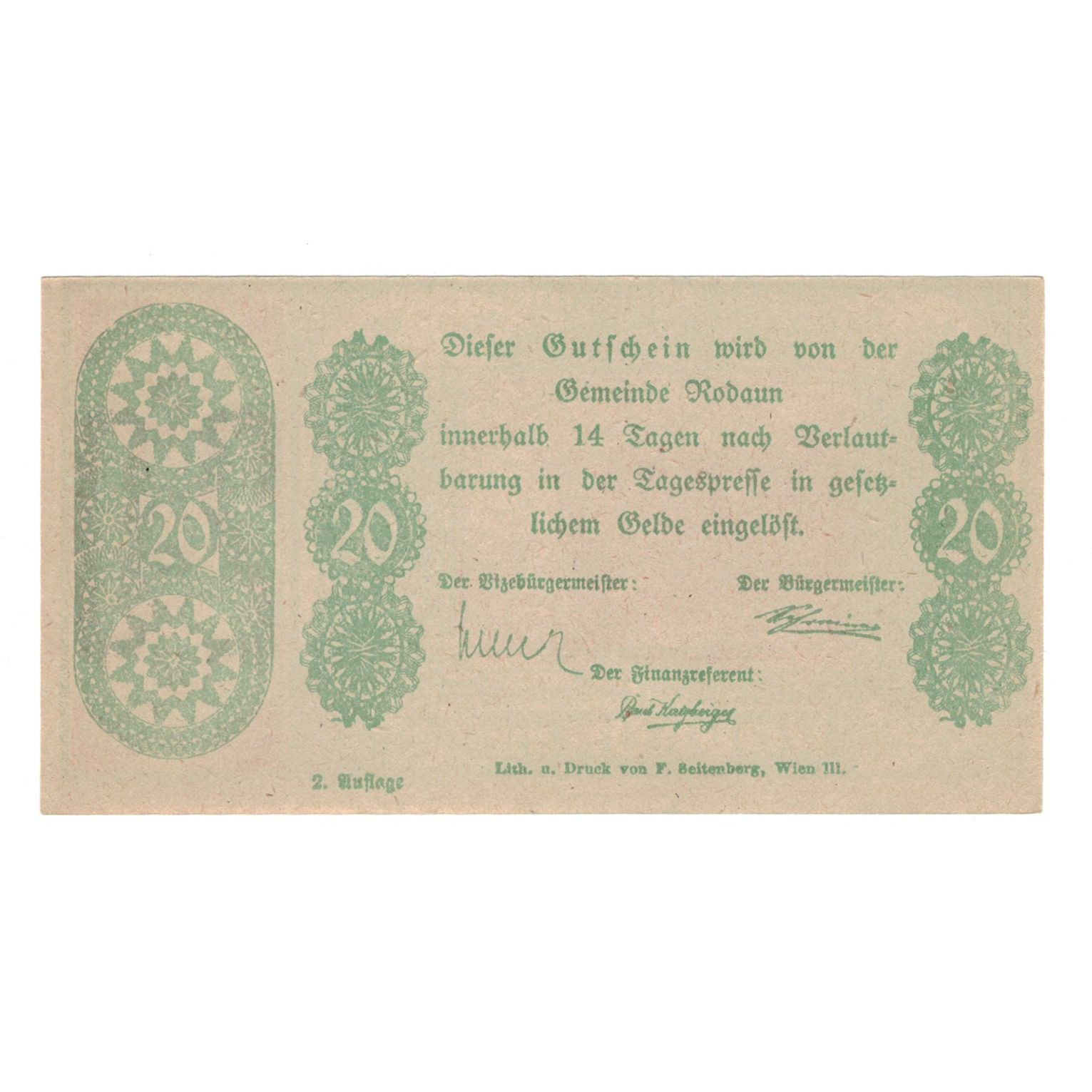 Billete, Austria, Rodaun N.Ö. Gemeinde, 20 Heller, Texte 2, EBC, Mehl:FS 840II