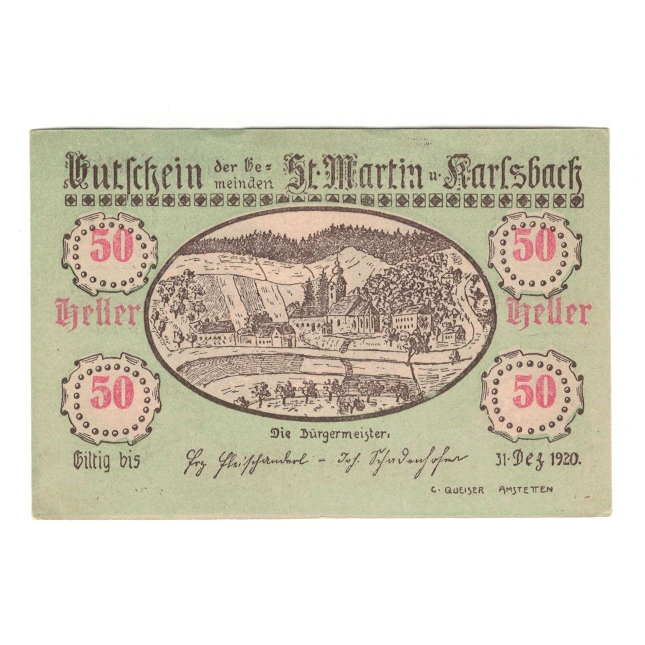 Billete, Austria, St. Martin a.Y. und Karlsbach N.Ö. Gemeinden, 50 Heller