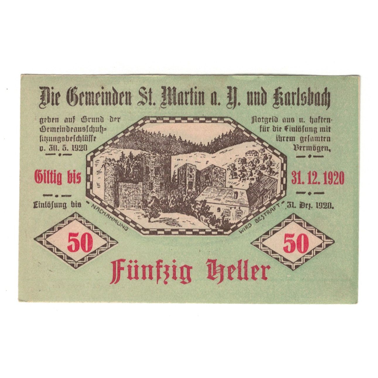 Billete, Austria, St. Martin a.Y. und Karlsbach N.Ö. Gemeinden, 50 Heller